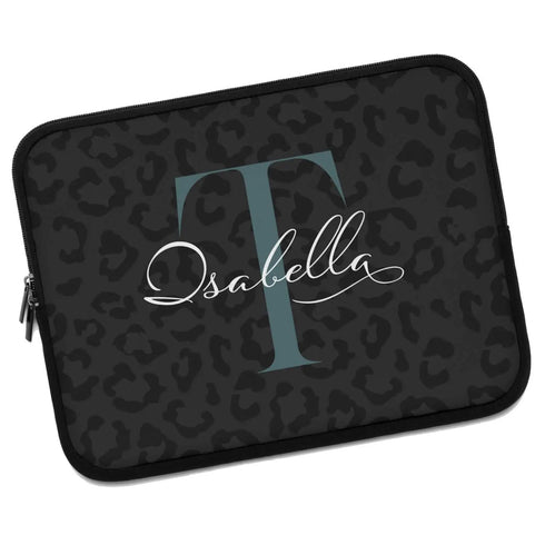 Dark Leopard Monogram Name Laptop Sleeve