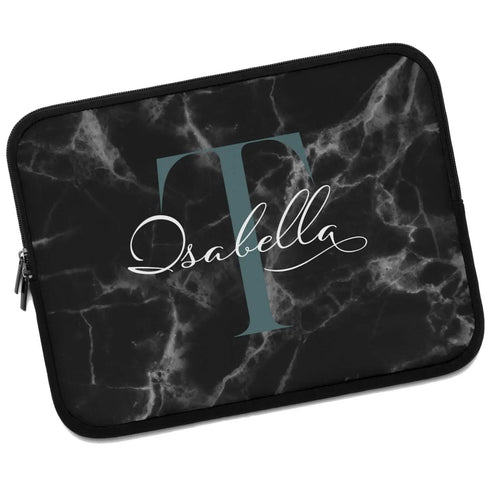 Black Marble Monogram Name Laptop Sleeve