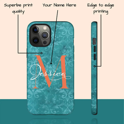 Monogram Personalized Turquoise Damask iPhone Case