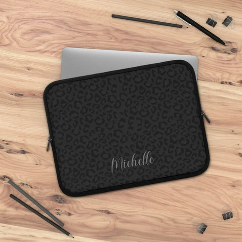 Dark Leopard Custom Name Laptop Sleeve