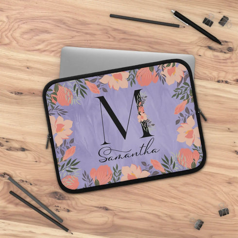 Floral Purple Monogram Custom Name Laptop Sleeve