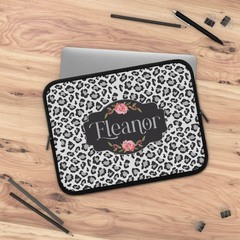 Grey Leopard & Roses Custom Name Laptop Sleeve