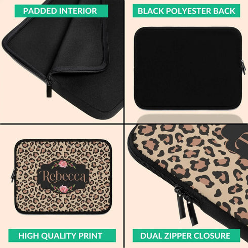 Beige Leopard & Roses Custom Name Laptop Sleeve