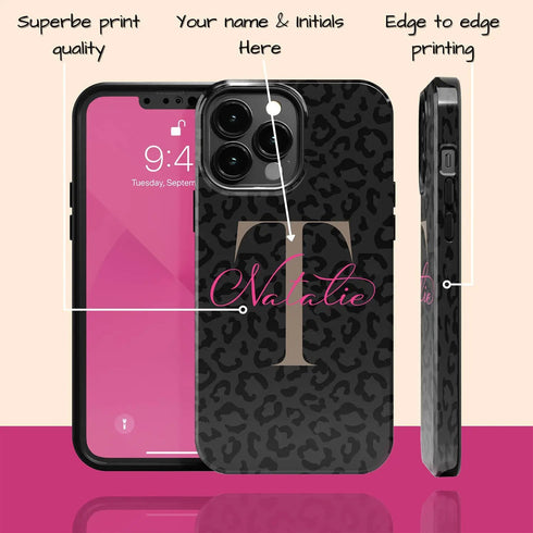 Monogram Personalized Dark Leopard iPhone Case - Hot Pink