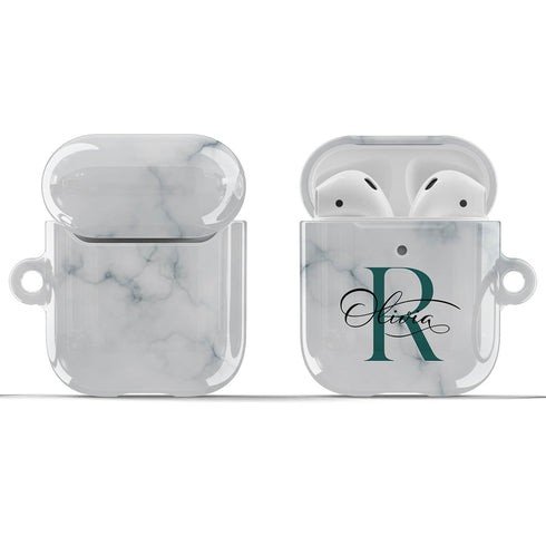Monogram Personalized White Marble AirPods Case