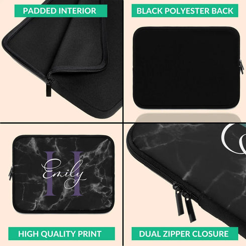 Black Marble Monogram Name Laptop Sleeve