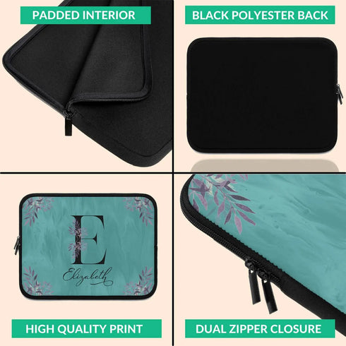 Floral Teal Monogram Custom Name Laptop Sleeve