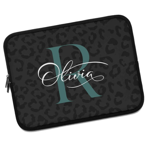 Dark Leopard Monogram Name Laptop Sleeve