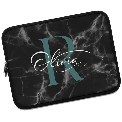 Black Marble Monogram Name Laptop Sleeve