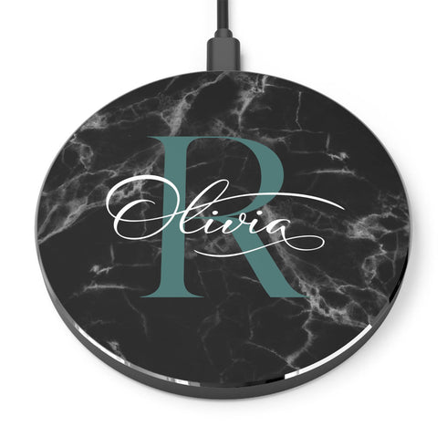 Monogram Personalized Black Marble Wireless Charger Pad
