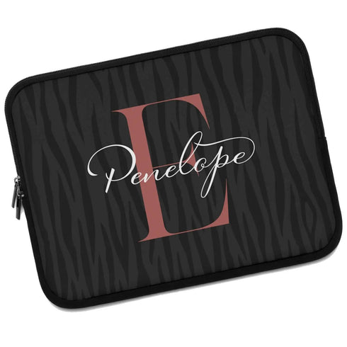 Dark Zebra Monogram Name Laptop Sleeve