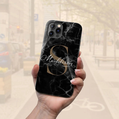 Monogram Personalized Black Marble iPhone Case