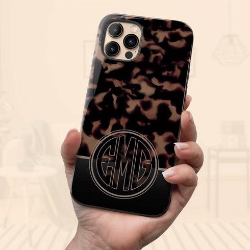 Dark Tortoiseshell Round Monogram iPhone Case