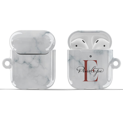 Monogram Personalized White Marble AirPods Case