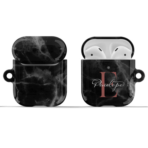 Monogram Personalized Black Marble AirPods Case
