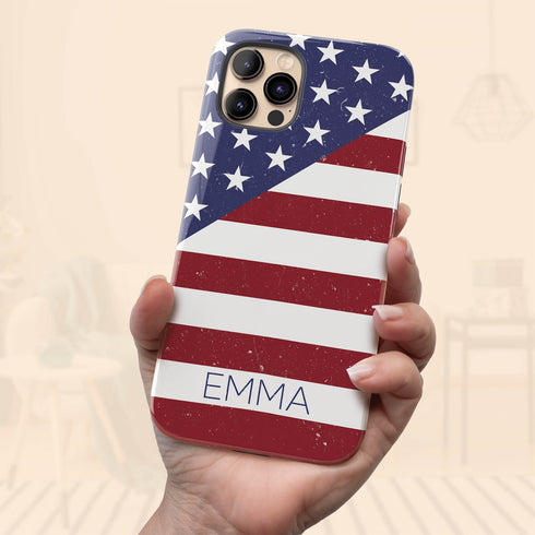 Diagonal American Flag Custom Name iPhone Case
