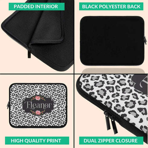 Grey Leopard & Roses Custom Name Laptop Sleeve