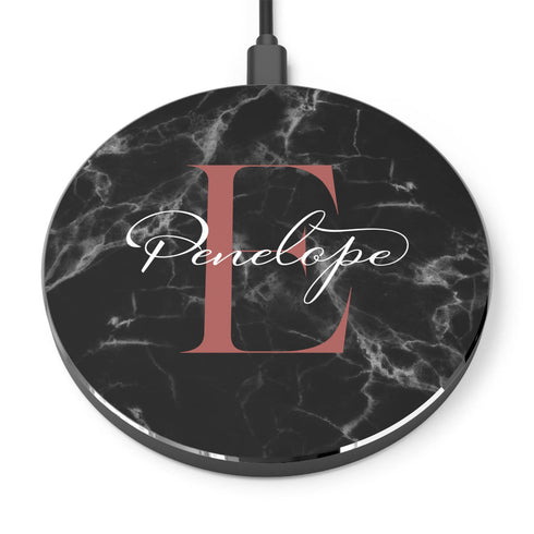 Monogram Personalized Black Marble Wireless Charger Pad
