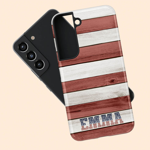 Wooden American Flag Custom Name Galaxy Case
