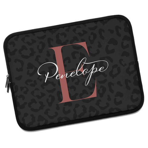 Dark Leopard Monogram Name Laptop Sleeve