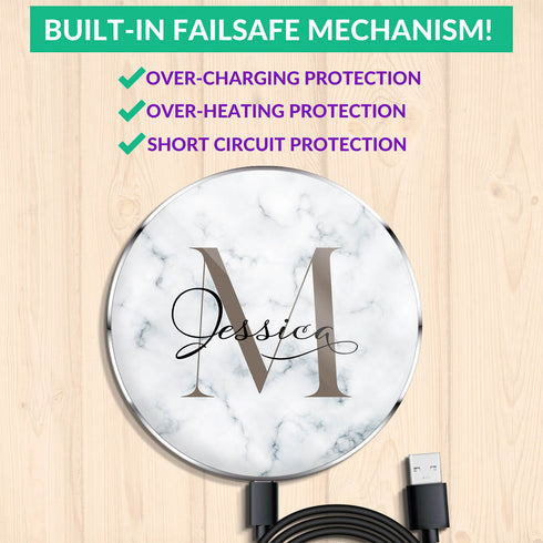 Monogram Personalized White Marble Wireless Charger Pad