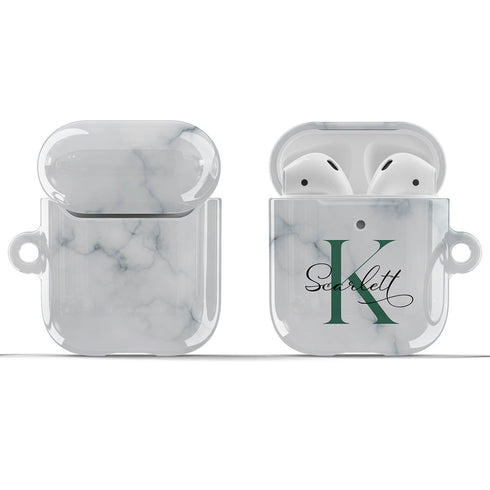 Monogram Personalized White Marble AirPods Case