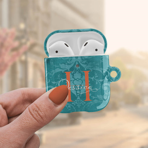 Monogram Personalized Turquoise Damask AirPods Case