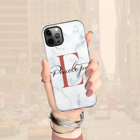 Monogram Personalized White Marble iPhone Case