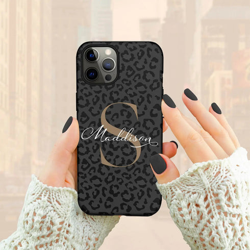 Monogram Personalized Dark Leopard iPhone Case