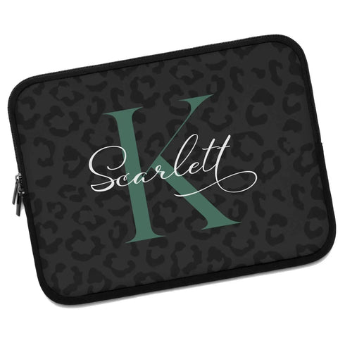 Dark Leopard Monogram Name Laptop Sleeve