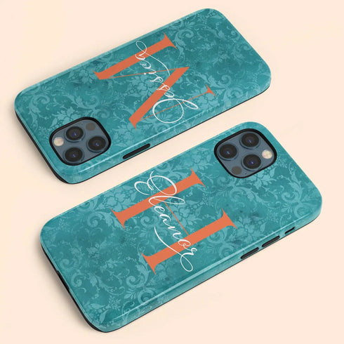 Monogram Personalized Turquoise Damask iPhone Case