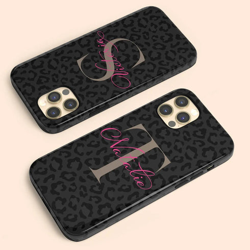 Monogram Personalized Dark Leopard iPhone Case - Hot Pink