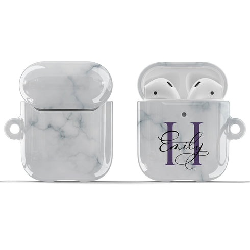 Monogram Personalized White Marble AirPods Case