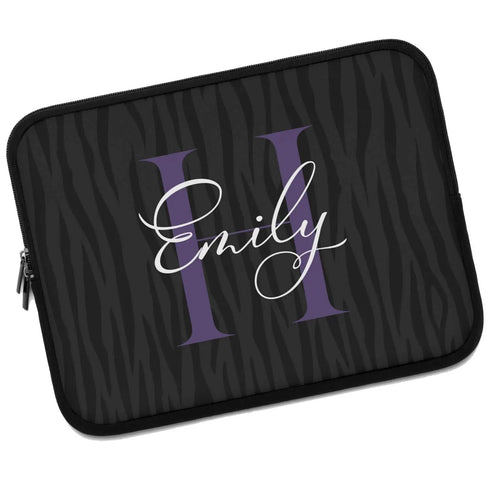 Dark Zebra Monogram Name Laptop Sleeve