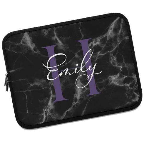 Black Marble Monogram Name Laptop Sleeve