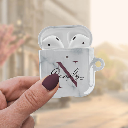 Monogram Personalized White Marble AirPods Case