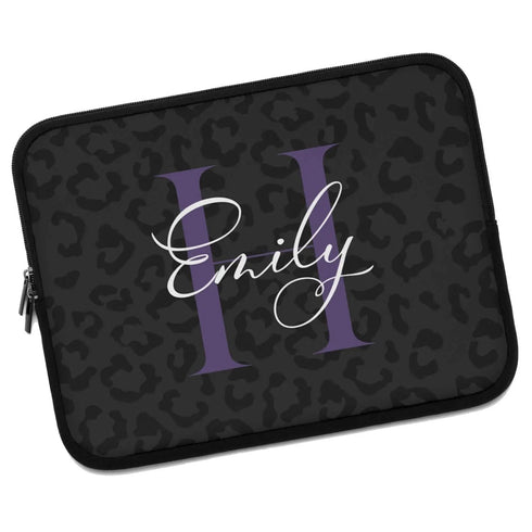 Dark Leopard Monogram Name Laptop Sleeve