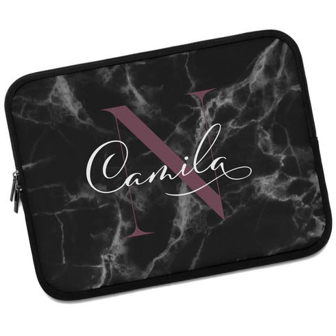 Black Marble Monogram Name Laptop Sleeve
