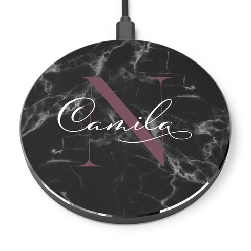 Monogram Personalized Black Marble Wireless Charger Pad