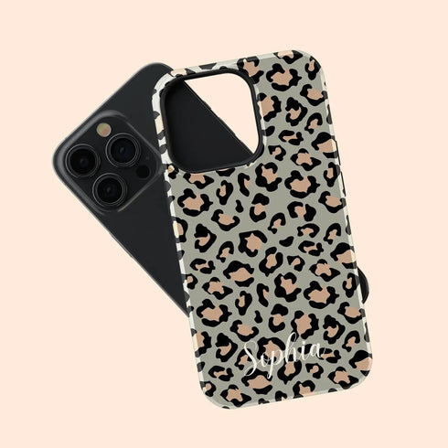 Custom Name Grey & Peach Leopard iPhone Case