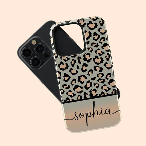 Grey & Peach Personalized Name Leopard iPhone Case