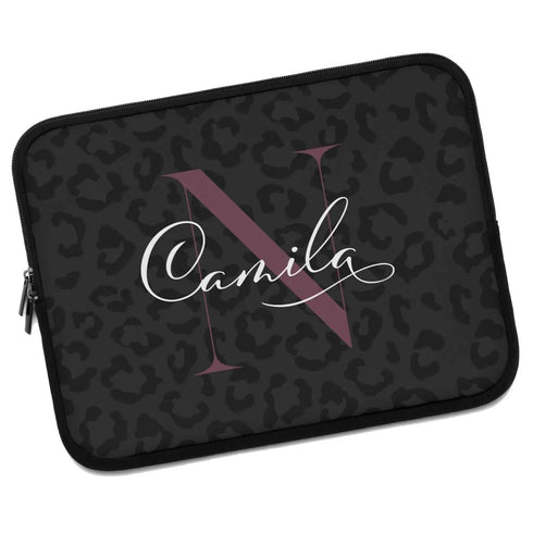 Dark Leopard Monogram Name Laptop Sleeve