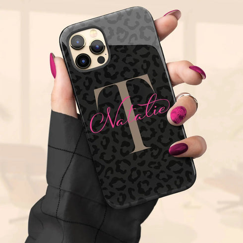 Monogram Personalized Dark Leopard iPhone Case - Hot Pink