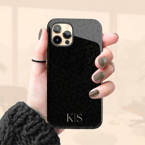 Black Leopard Custom Initials iPhone Case