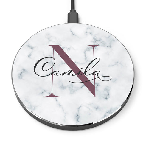 Monogram Personalized White Marble Wireless Charger Pad