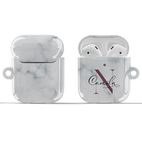 Monogram Personalized White Marble AirPods Case
