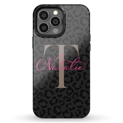 Monogram Personalized Dark Leopard iPhone Case - Hot Pink