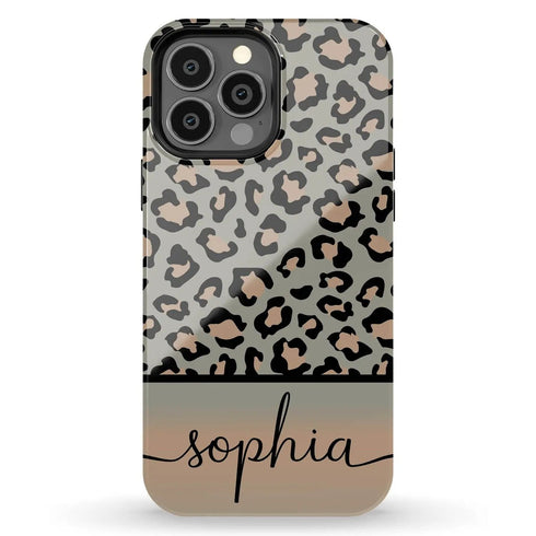 Grey & Peach Personalized Name Leopard iPhone Case