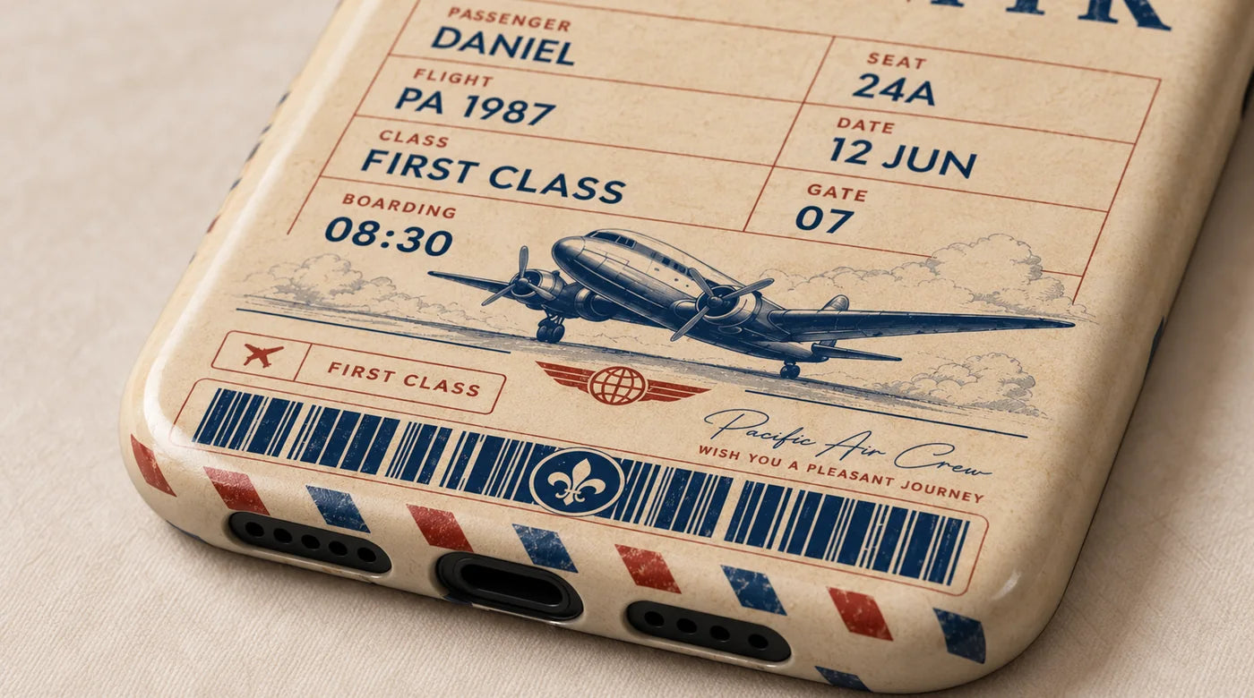 Vintage Airline Ticket case showing printed details and the curved bottom edge