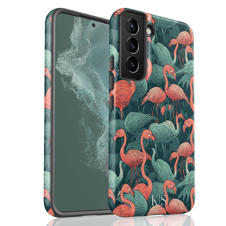 Custom Initials Tropical Pink Flamingos Galaxy Case